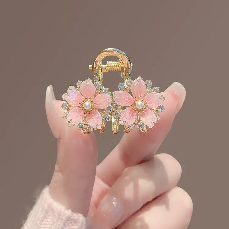 Pink Sakura Mini Hair Claw Clip with Pearl & Crystal Detail view 2