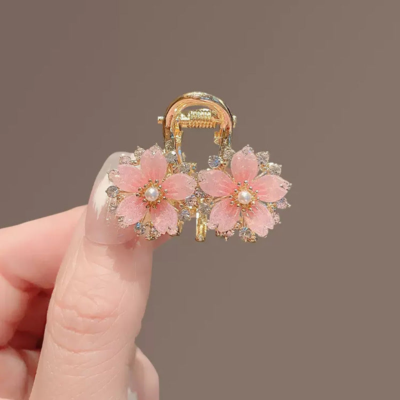 Pink Sakura Mini Hair Claw Clip with Pearl & Crystal Detail view 3