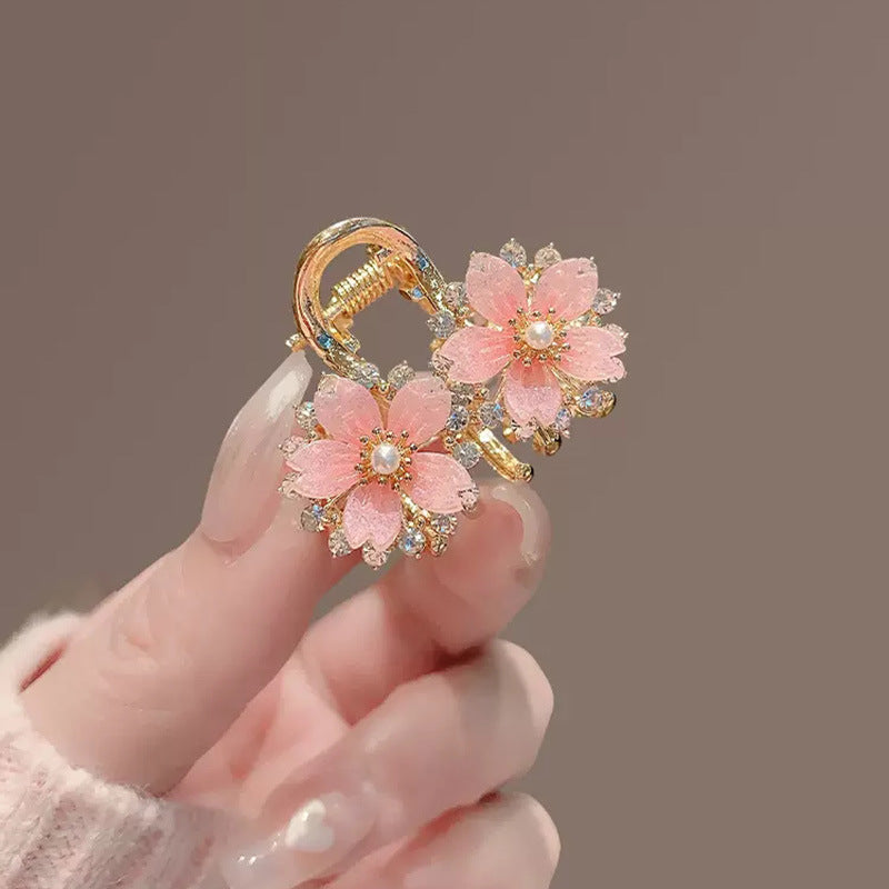 Pink Sakura Mini Hair Claw Clip with Pearl & Crystal Detail view 4