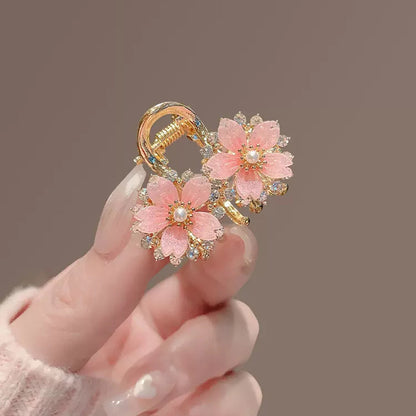 Pink Sakura Mini Hair Claw Clip with Pearl & Crystal Detail view 4