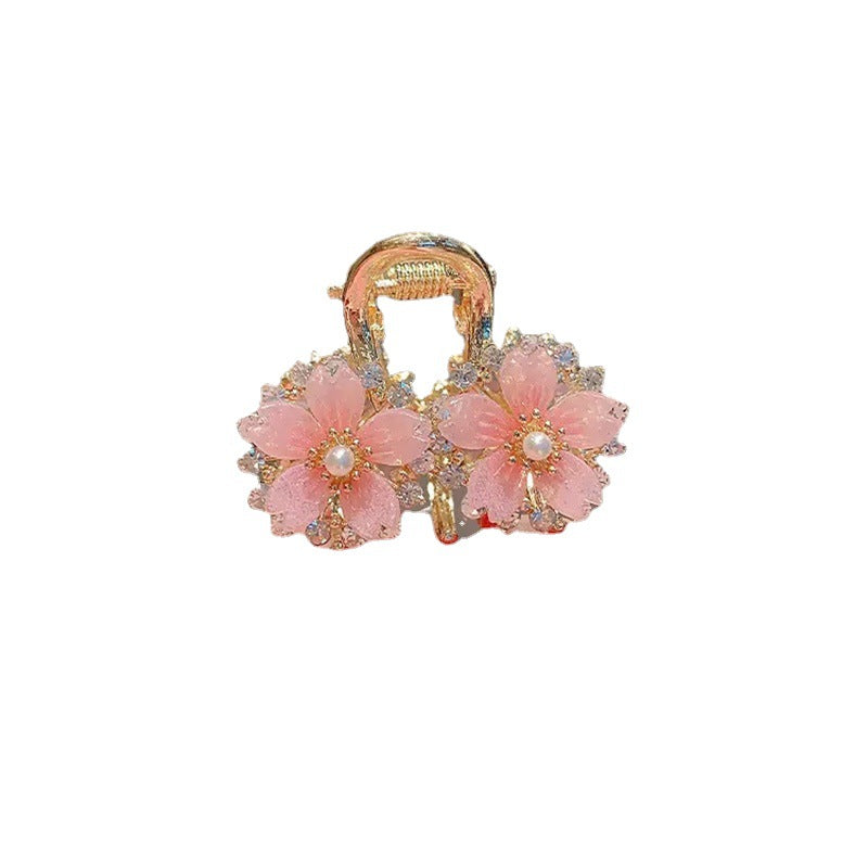 Pink Sakura Mini Hair Claw Clip with Pearl & Crystal Detail view 5