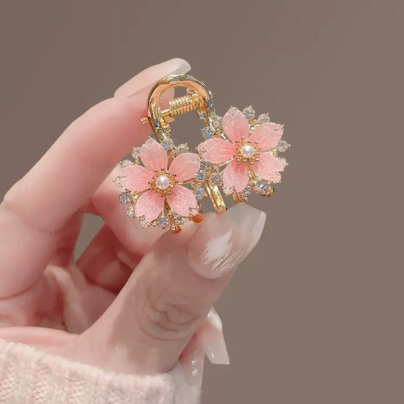 Pink Sakura Mini Hair Claw Clip with Pearl & Crystal Detail