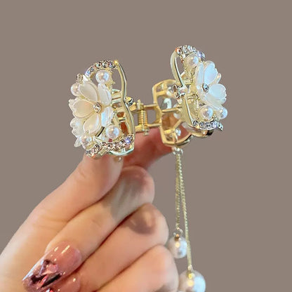Rhinestone Flower Tassel Ponytail Hair Claw Clip with Pearl Pendant view 2