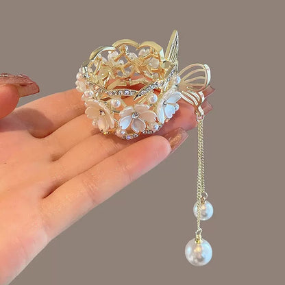 Rhinestone Flower Tassel Ponytail Hair Claw Clip with Pearl Pendant view 4
