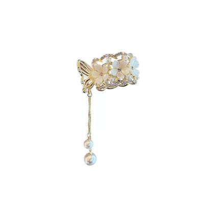 Rhinestone Flower Tassel Ponytail Hair Claw Clip with Pearl Pendant view 5