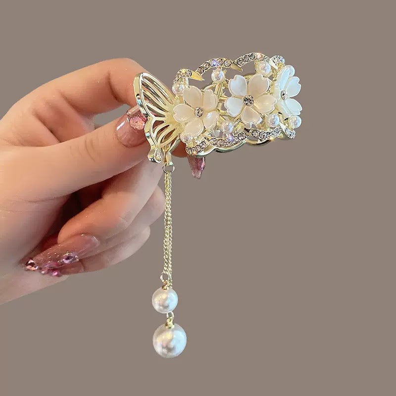 Rhinestone Flower Tassel Ponytail Hair Claw Clip with Pearl Pendant